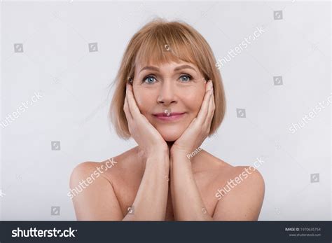 Portrait Charming Nude Senior Lady Touching Stock Photo Edit Now