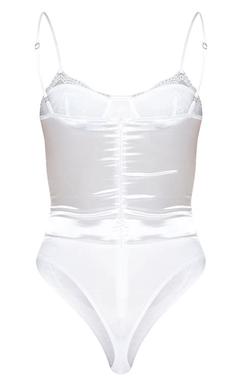 white satin mesh panel bodysuit prettylittlething aus