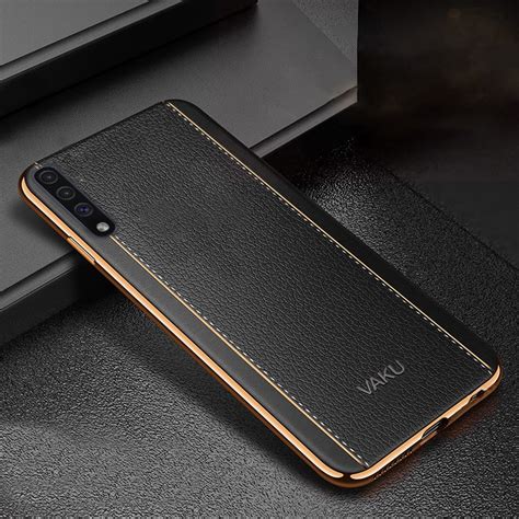 Vaku Samsung Galaxy A50 Vertical Leather Stitched Gold Electroplated
