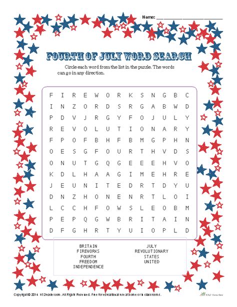 Printable Fourth Of July Word Search Activity