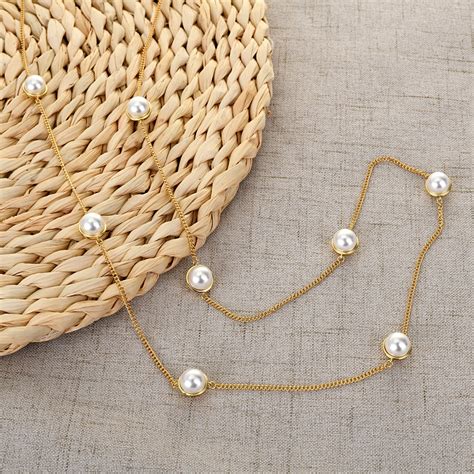 Great Artificial Pearl Platinum Plated Long Chain Necklace