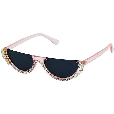 Flat Top Bling Sunglasses Crystal Rhinestone Shades Retro Half Rim Wom Flawless Eyewear