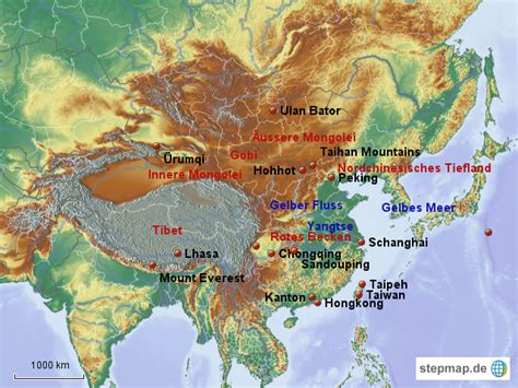 Durch das gebirge wandern, das gebirge durchwandern. StepMap - Topographie China - Landkarte für China