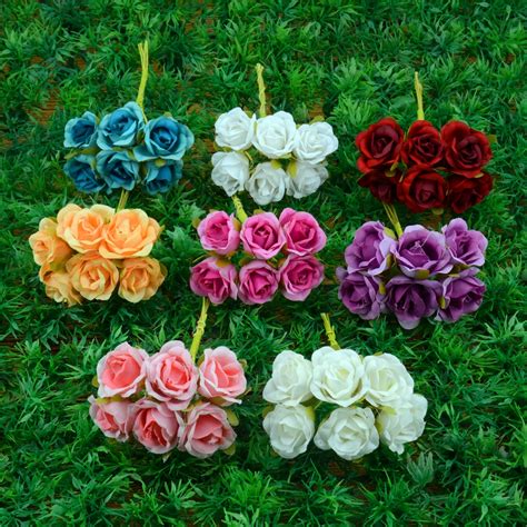 6pcslot 2cm Silk Gradient Mini Rose Artificial Flower Bouquet For