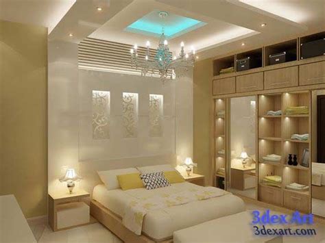 This modern bedroom uses architectural elements, such as a bare concrete wall, shelves, and wood floors as its primary decoration. false ceiling 2018, new modern false ceiling designs for ...