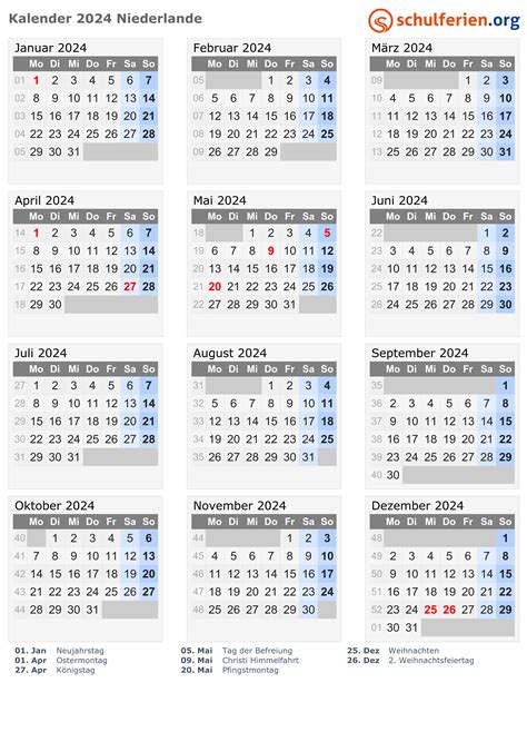 Kalender Niederlande 2024 Mit Feiertage