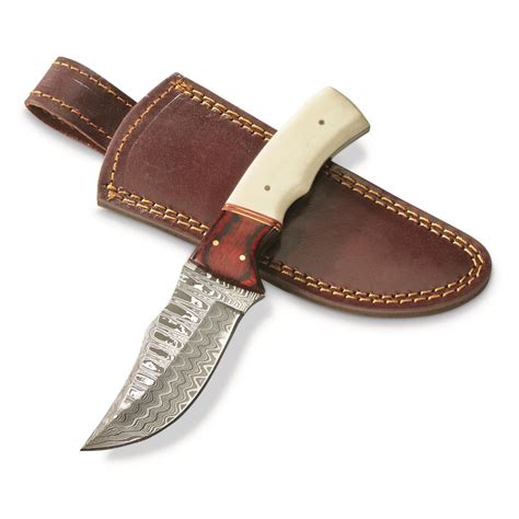Damascus Steel Drop Point Fixed Blade Skinner Knife With Grooved Wood
