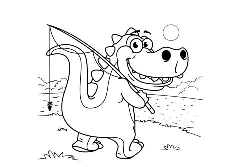 Klicke hier um dein ausmalbild agressiver t rex auszudrucken. Kolorowanka Dinozaur idzie na ryby do druku