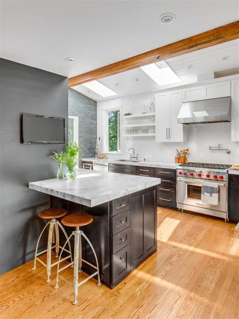 An small l shaped kitchen can often accommodate a small island, but u shaped kitchens usually work best with a peninsula as an island can impede the flow between appliances. Contemporary Eat-In Kitchen With Small Peninsula | HGTV