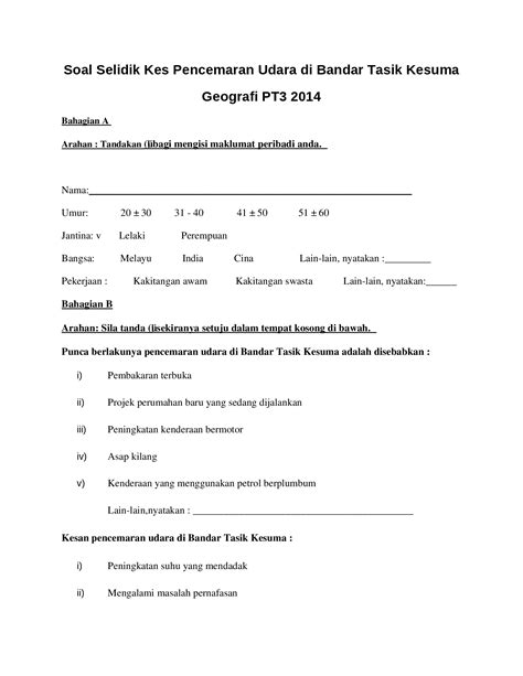 Docx Contoh Borang Soal Selidik Pencemaran Udara Geografi Pt