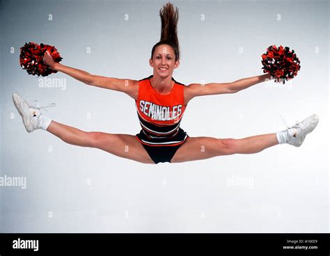 Excitement Cheerleader Jumping Doing A Split Stock Photo Alamy