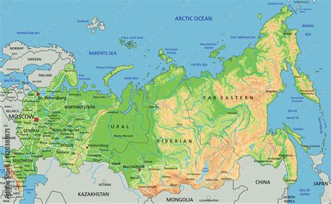 High Detailed Russia Physical Map With Labeling Stock Vector Adobe Stock