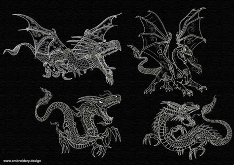 Outline Dragons In Backstitch Style Pack Embroidery Designs Pack 1
