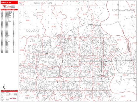 Omaha Nebraska Zip Code Wall Map (Red Line Style) by MarketMAPS - MapSales