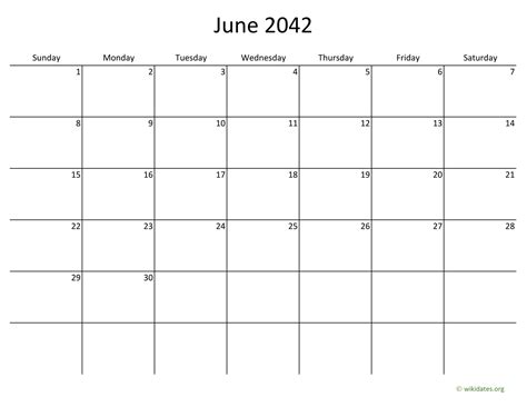 June 2042 Calendar With Bigger Boxes