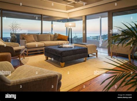 Luxury Home Showcase Interior Living Room With Ocean View Stock Photo