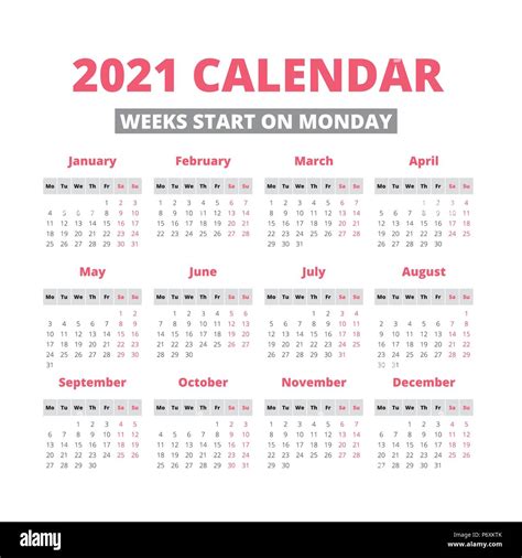Simple 2021 Year Calendar Week Starts On Monday Stock Vector Image