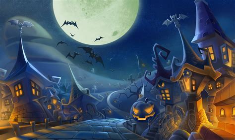 Download 3000x1800 Halloween City Moon Bats Houses Creepy Pumpkins