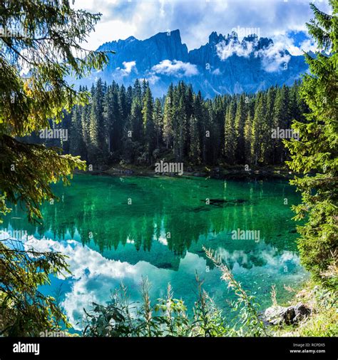 Lake Carezza Lago Di Carezza Dolomites Italy Europe Stock Photo
