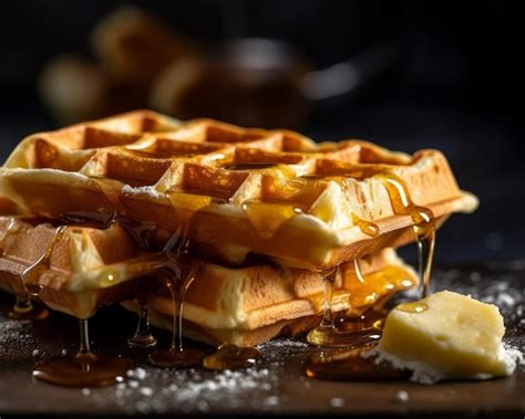 Premium Ai Image Crispy Belgian Waffles With Butter And Honey