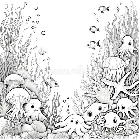 An Outline Drawing Coloring Page of a Group of Sea Creatures and Corals