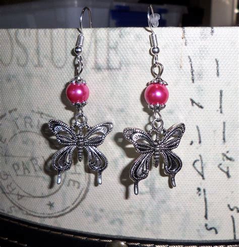 Pretty Butterfly With Pink Bead Dangle Earrings In Beaded Dangle
