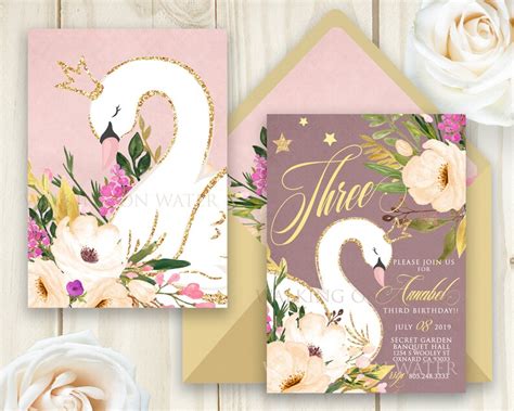 Princess Swan Invitation Gold And Pink Swan Birthday Etsy