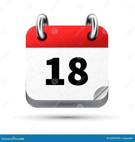 Bright Realistic Icon Of Calendar With 18th Date Isolated On White