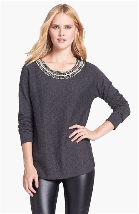 Michael By Michael Kors Embellished Neck Sweater In Gray Derby Lyst