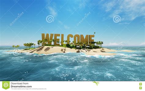 Render Word Welcome Made Of Sand On Tropical Paradise Island With Palm