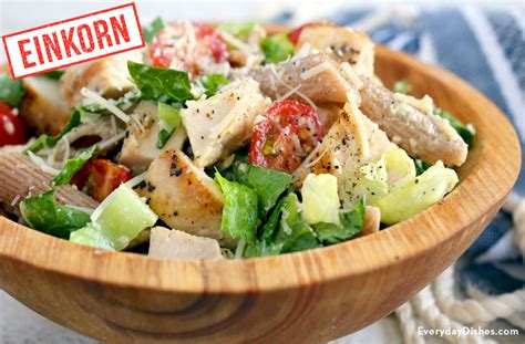 We added extra pine nuts and reduced the olive oil a bit to make a chunky pesto that spreads easily but does not melt out in the oven. Quick and Easy Chicken Caesar Einkorn Pasta Salad Recipe