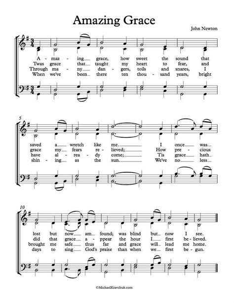 In future lessons i'll also do teach you how to play some more advanced arrangement of amazing grace on piano as well as some other hymns too. Free Choir Sheet Music - Amazing Grace - Michael Kravchuk