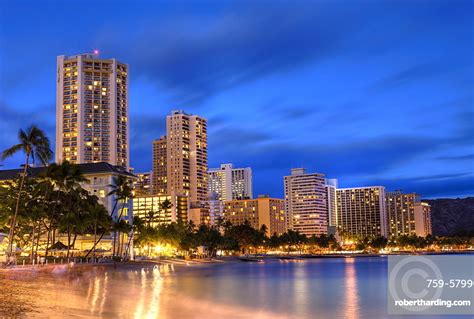 Waikiki Beach At Sunset Honolulu Stock Photo