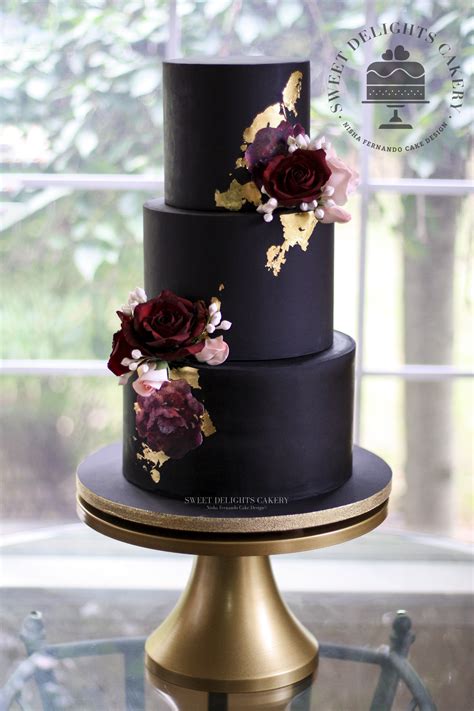 All Black Wedding Cake With Gold Leaf Golden Wedding Cake Black Wedding Cakes Wedding Cake
