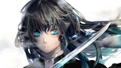 Demon Slayer Blue Eyes Mitsuri Kanroji With Sword With White Background