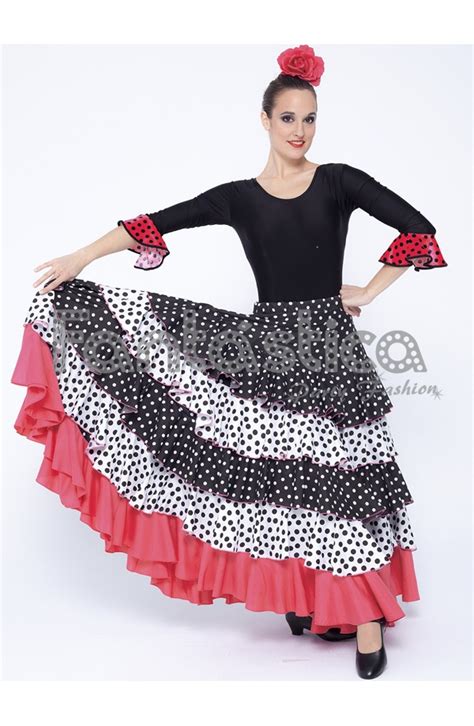 Falda De Flamenca Sevillana Para Mujer Con Volantes Y Lunares Blanco Negro Y Coral