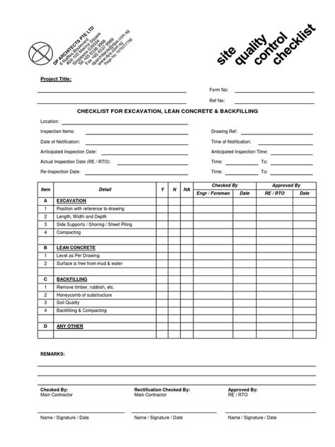 Problem, the analysis of various parameters and structural designs of. 1 Checklist for Excavation, Lean Concrete and Backfiling ...