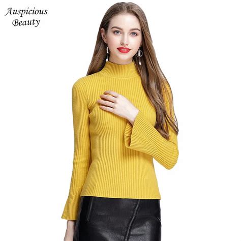 fashion flare sleeve basic sweaters and pullovers autumn winter women ribbed knit sweater