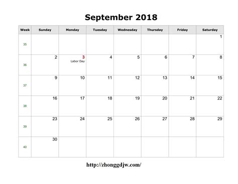 September 2018 Calendar Excel Blank Calendar Template Printable