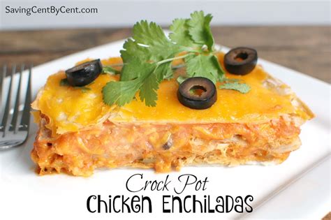 The flavorful filling for these slow cooker chicken enchiladas cooks all day in a crock pot with this enchiladas recipe. Crock Pot Chicken Enchiladas - Saving Cent by Cent