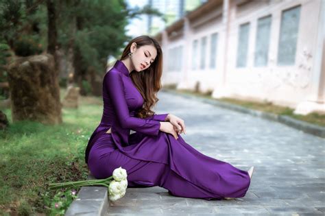 Women Ao Dai Purple Dress Vietnamese Depth Of Field Trees Bouquets Asian Women Outdoors Dress
