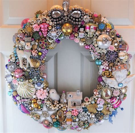 Christmas Wreath Loaded With Vintage Jewelry Ornaments Rhinestones Wow