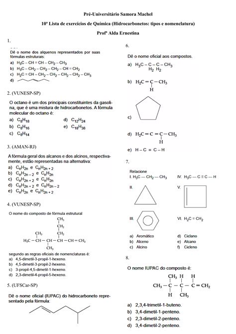 Exercícios Nomenclatura Hidrocarbonetos Pdf Com Gabarito