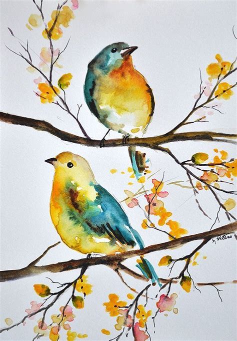 Original Watercolor Bird Painting Colorful Aqua Blue Yellow Birds 6x8