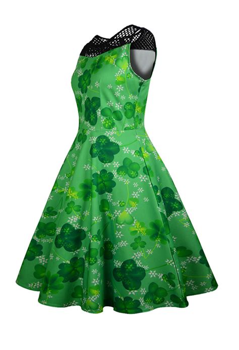 St Patricks Day Vintage Sleeveless Dress Women Green Shamrock Floral