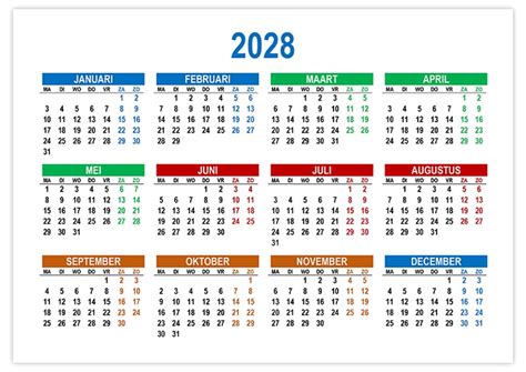 Kalender 2028 Horizontaal