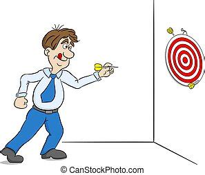 Cartoon man throwing a dart. Black and white illustration of a man throwing a dart. | CanStock