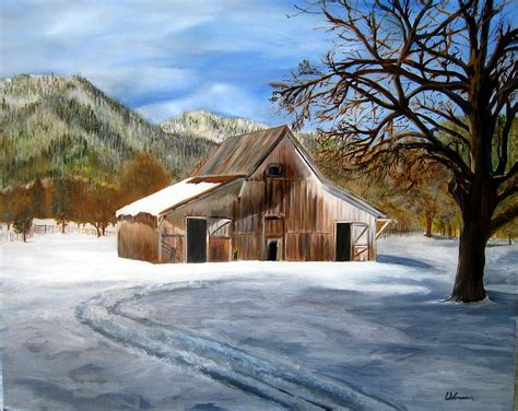 Shasta Winter Barn Painting By Lavonne Hand