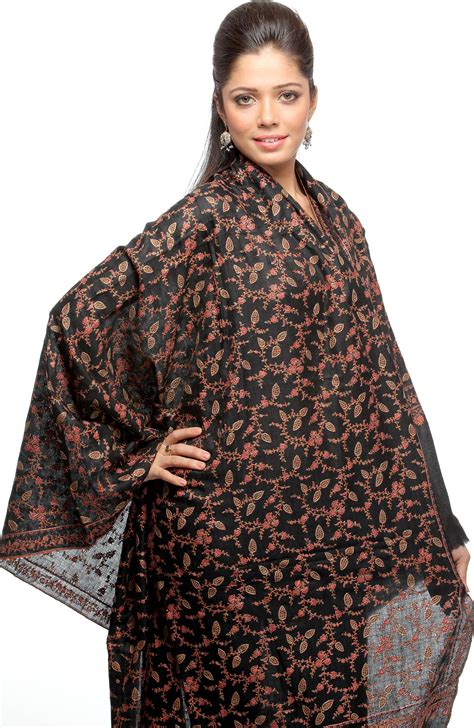 Black Pure Pashmina Shawl With Intricate Kashmiri Sozni Embroidery By