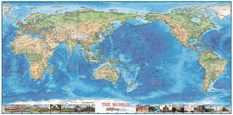 World Physical Map With Wonders Pacific Centered The Map Shop